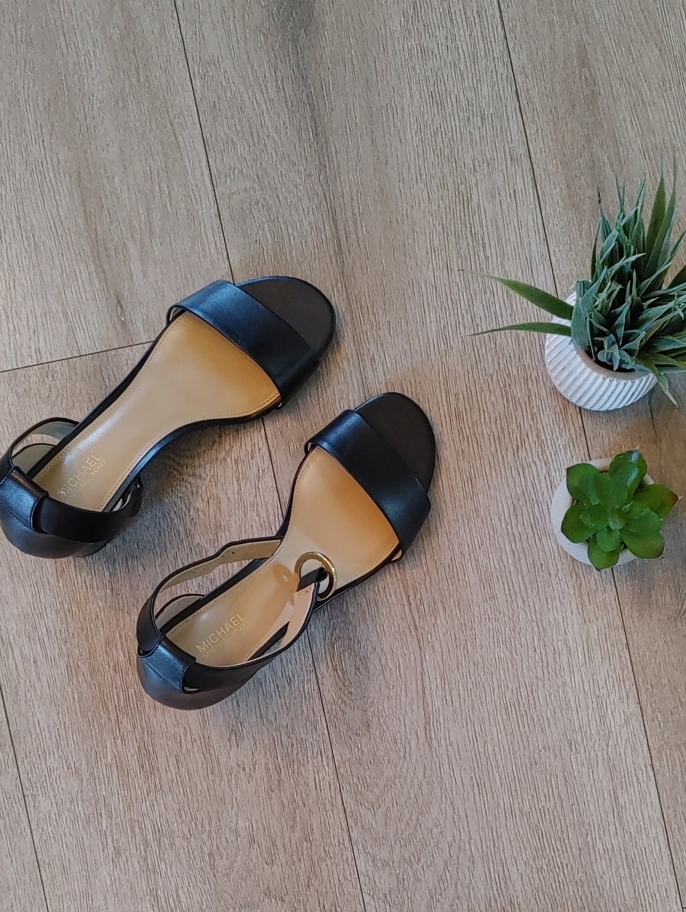 Michael Kors Black Leather Ankle-Strap Sandals with Tan Insole 6.5